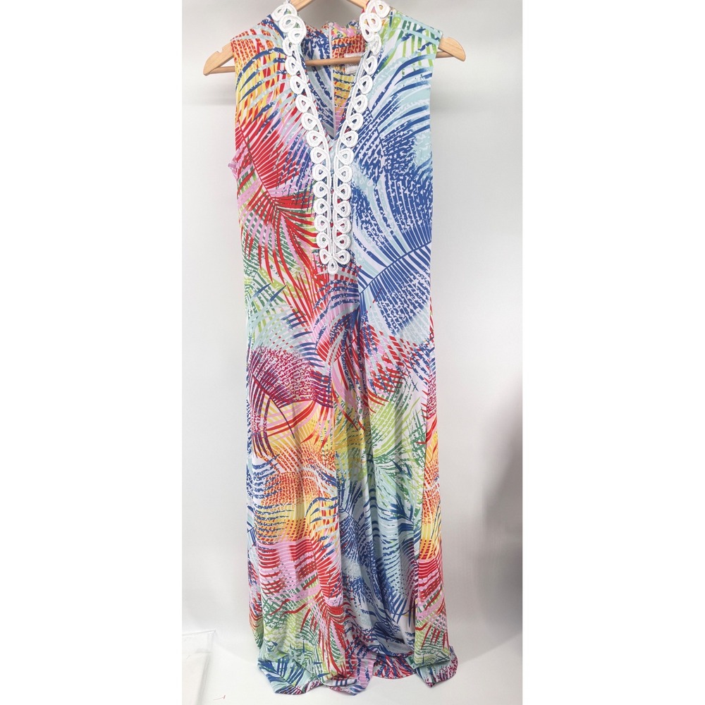 Pappagallo Tropical Maxi Dress Women 4 Multicolor Palm Print Crochet Neckline